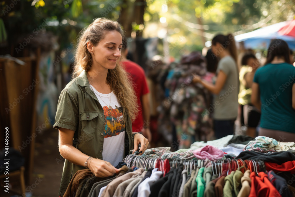 A person takes part in a clothing swap event organized by a sustainable fashion brand, fostering a culture of reuse and sharing. Generative Ai. A person takes part in a clothing swap event organized by a sustainable fashion brand, fostering a culture of reuse and sharing. Generative Ai.