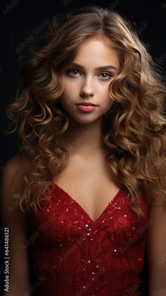 Generative AI, beautiful European curly brunette girl in a red shiny evening dress on a dark background, happy new year, christmas, celebration, party, elegant woman, amazing lady Generative AI, beautiful European curly brunette girl in a red shiny evening dress on a dark background, happy new year, christmas, celebration, party, elegant woman, amazing lady