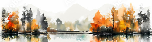 Watercolor landscape of a autumn forest reflected on a lake to inspire to travel isolated in white background