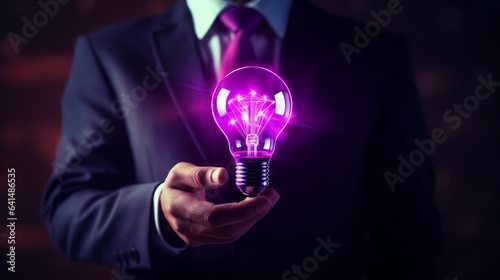 Businessman holding a bright light bulb. Concept of Ideas for presenting new ideas Great inspiration and innovation new beginning. Analyzing data. Futuristic tone purple.