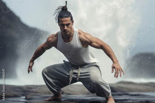 A person engages in a dynamic flow sequence that combines different primal movement patterns  creating a holistic workout. Generative Ai.