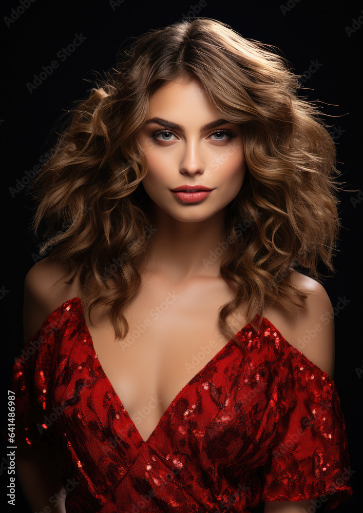 Generative AI, beautiful European curly brunette girl in a red shiny evening dress on a dark background, happy new year, christmas, celebration, party, elegant woman, amazing lady