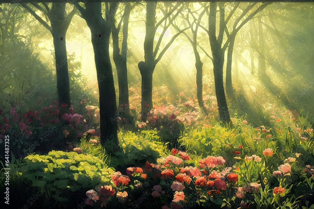 Garden Flowerbed: A Serene Morning Scene Enveloped in Misty Hues - obrazy, fototapety, plakaty 