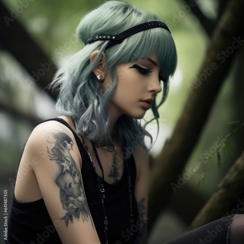 a woman with tattoos and a tattoo on her head