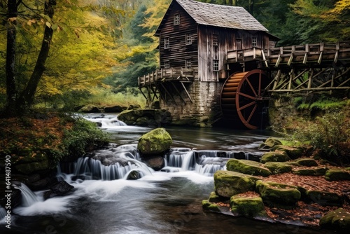 a water mill with a water wheel with a park in the background