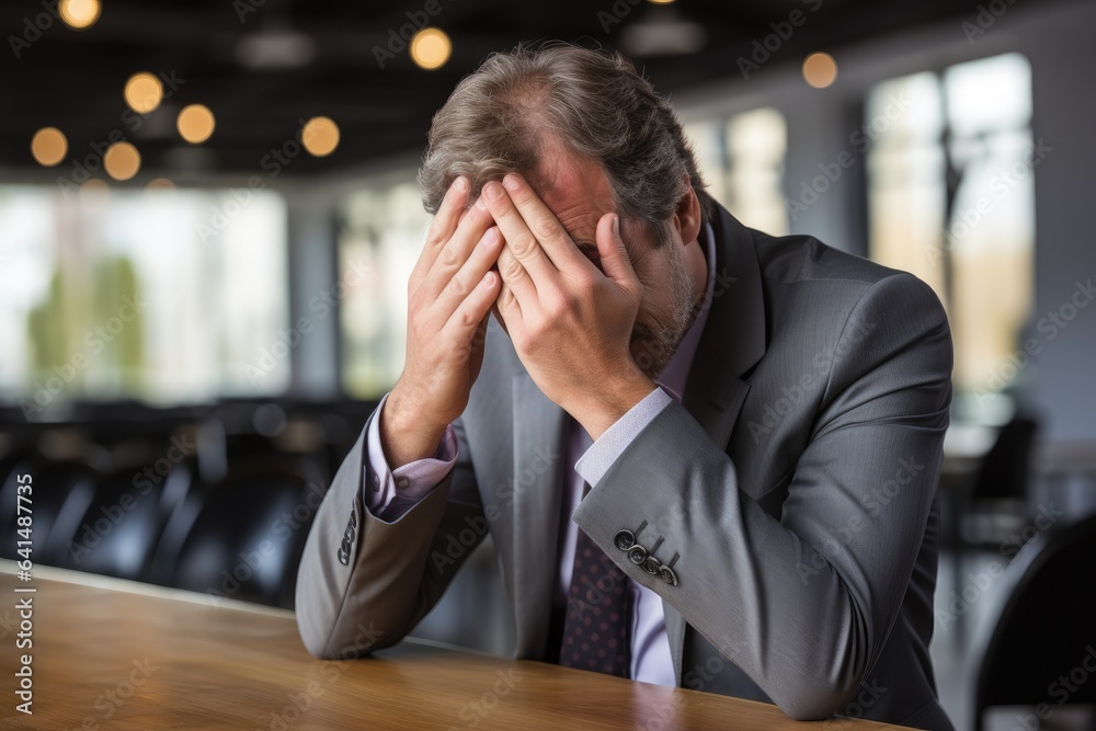 a man in a suit with his hands covering his face a man in a suit with his hands covering his face