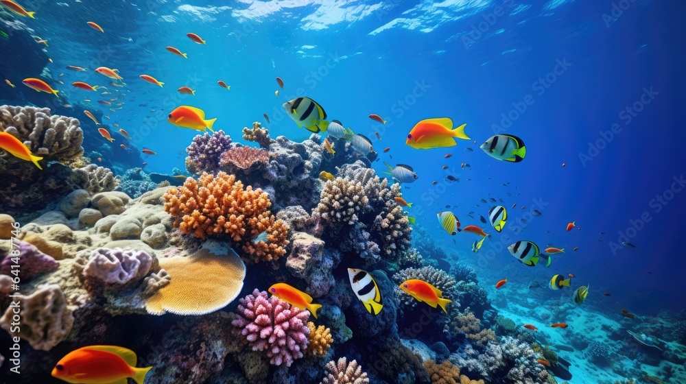 Fototapeta premium a group of fish swimming in the water