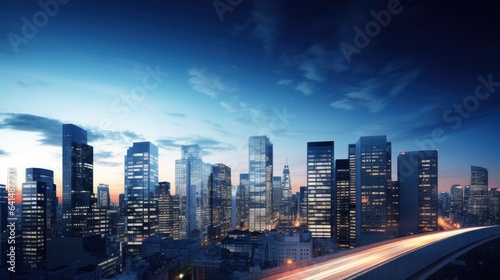 a city skyline with many tall buildings