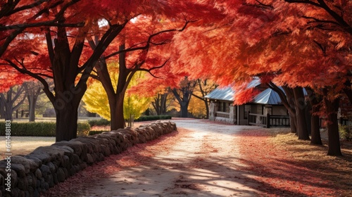 a road with red trees and a building