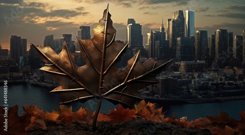 a leaf shaped object with city in the background