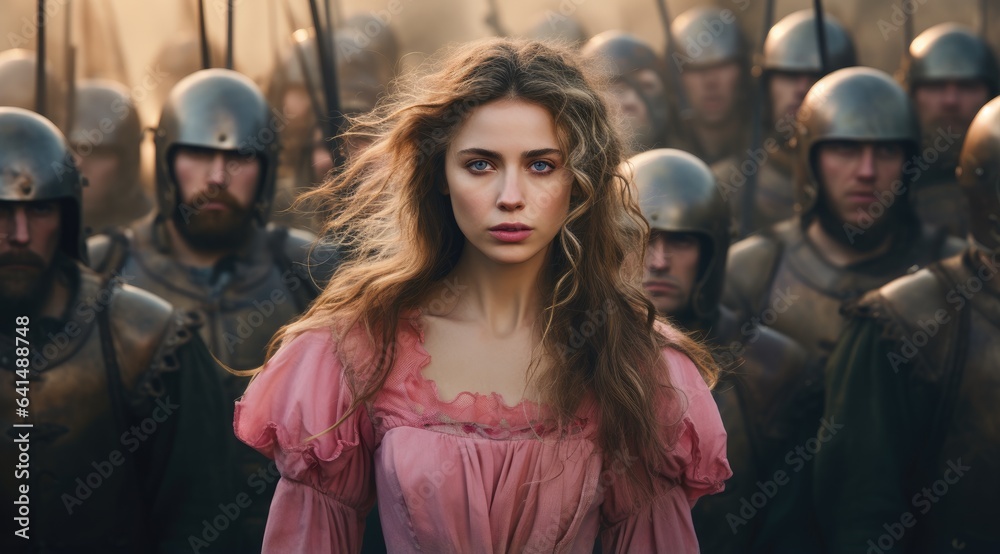 a woman in a pink dress with a group of people in armor a woman in a pink dress with a group of people in armor