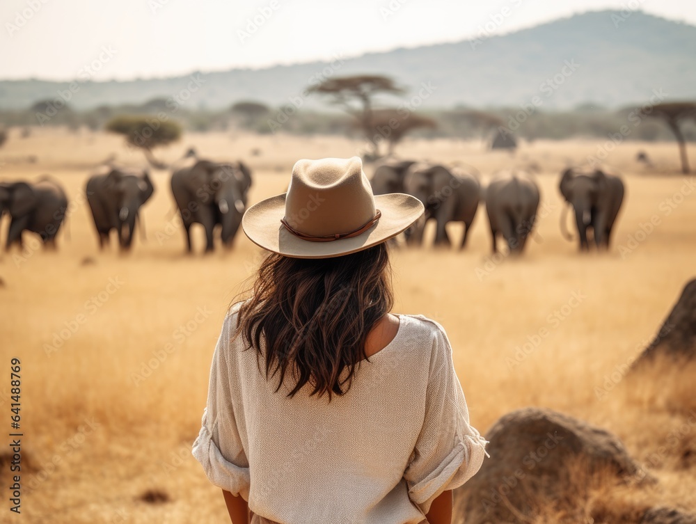 a woman looking at a herd of elephants