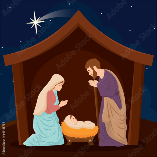 Christmas manger with joseph mary and jesus christ characters Vector