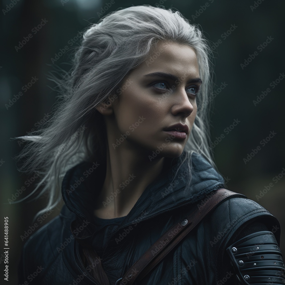 a woman with white hair and a black jacket a woman with white hair and a black jacket