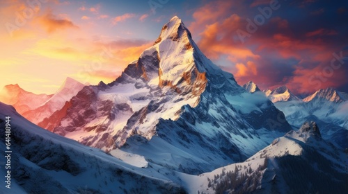 a snowy mountain with a sunset