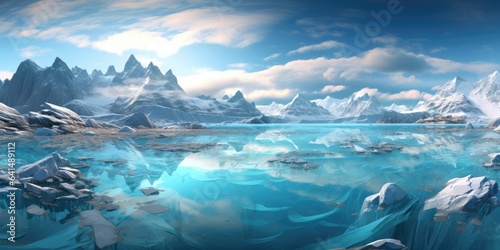 a water with icebergs and mountains in the background