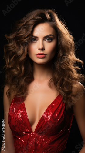 Generative AI, beautiful European curly brunette girl in a red shiny evening dress on a dark background, happy new year, christmas, celebration, party, elegant woman, amazing lady