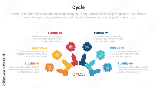 cycle or cycles stage infographics template diagram with half circle base and small circle pointed arrow and 6 point step creative design for slide presentation