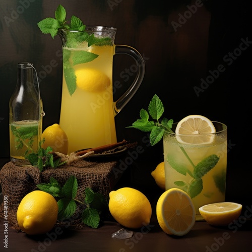 a pitcher and glass of lemonade with mint leaves and lemons