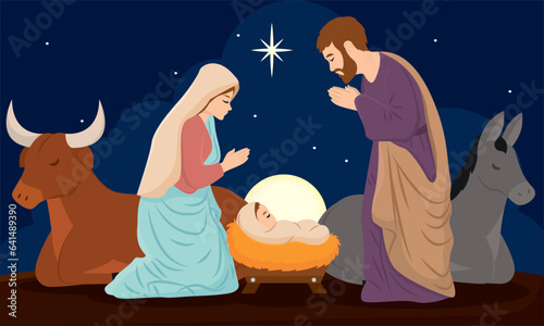 Christmas manger with joseph mary and jesus christ characters Vector