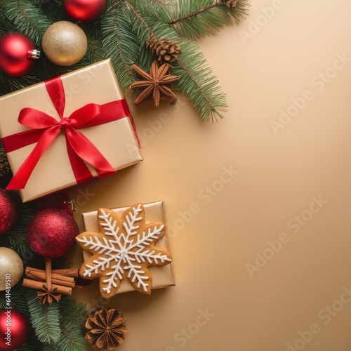 Christmas decoration composition on light gold background with beautiful Golden gift box with red ribbon © hassani