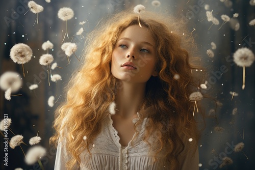 a woman with long curly hair and white shirt with dandelions flying around her