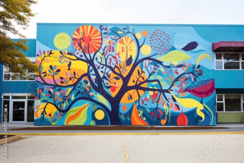 a mural of a tree with colorful leaves and birds