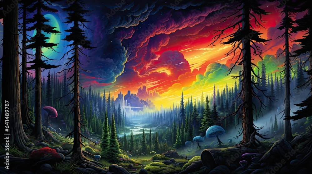Colorful fantasy landscape with mountains and trees, rainbows, cloudy sky, surreal, illustration