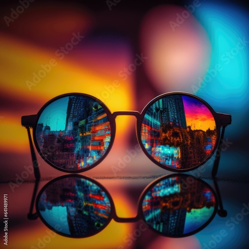 Vibrant Reflection: Circular Sunglasses Mirror Bright Neon Sign in Captivating Image © Taiga NYC