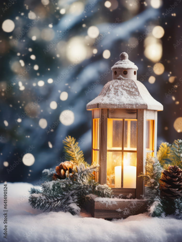 Old christmas candle lantern in snow against blurred forest background. Selective focus and shallow depth of field. Old christmas candle lantern in snow against blurred forest background. Selective focus and shallow depth of field.