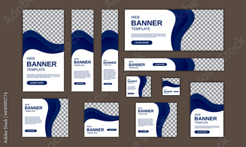 Set of web banners of 11 sizes with Gradient Royal blue elements and a place for photos.