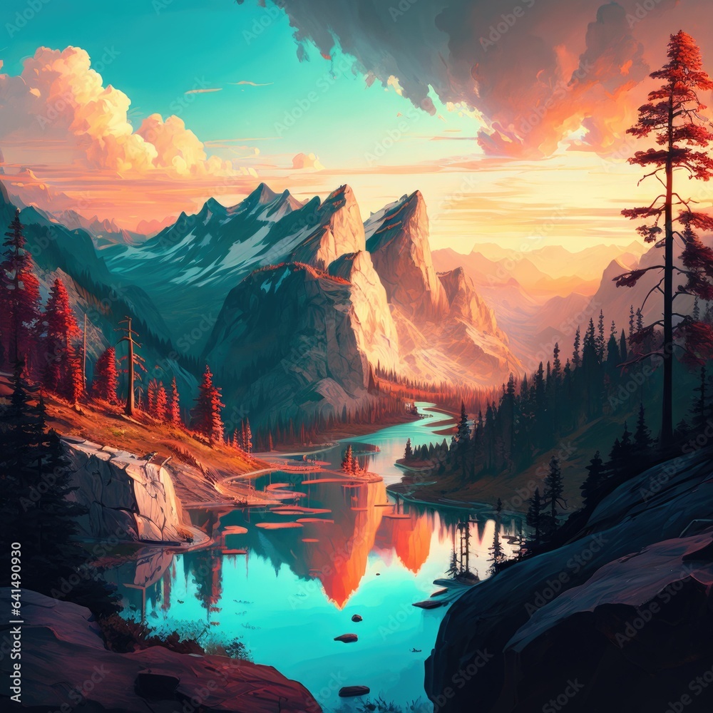 Captivating Sunset over a Serene Forest River and Majestic Mountains during Golden Hour