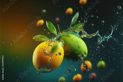 Mango Lime Mint  A Refreshing Splash of Colors in a Water Droplets Background