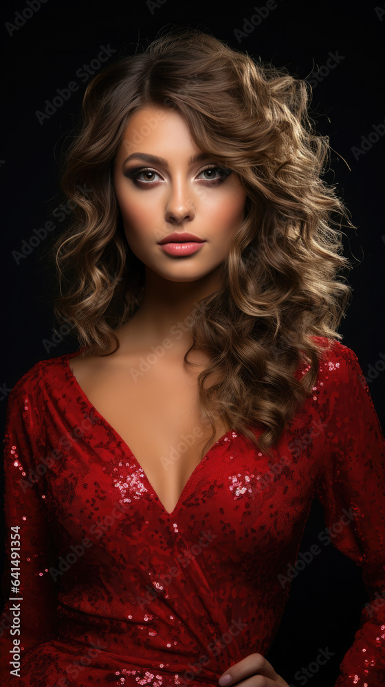 Generative AI, beautiful European curly brunette girl in a red shiny evening dress on a dark background, happy new year, christmas, celebration, party, elegant woman, amazing lady