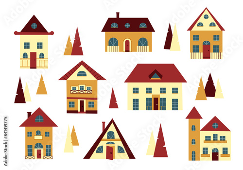 Set of isolated cute tiny houses, small buildings and pines in Scandinavian style. Trendy urban and village homes with windows, roof, doors, balconies and chimneys. Colored flat vector illustration.