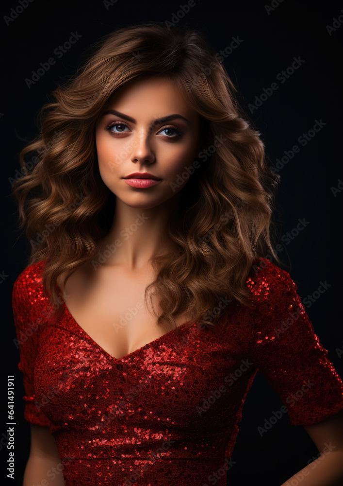 Generative AI, beautiful European curly brunette girl in a red shiny evening dress on a dark background, happy new year, christmas, celebration, party, elegant woman, amazing lady Generative AI, beautiful European curly brunette girl in a red shiny evening dress on a dark background, happy new year, christmas, celebration, party, elegant woman, amazing lady