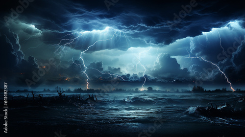 lightning over the sea HD 8K wallpaper Stock Photographic Image