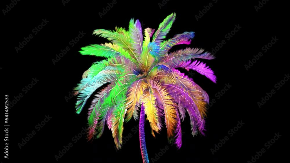 Isolated fluorescent colorful 3d palm tree rotating on transparent alpha channel background in a seamless loop. Perfect for summer scenes.