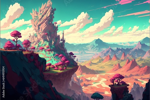Vibrant Panoramic Mountainscape in Eric Minton s Promare Style