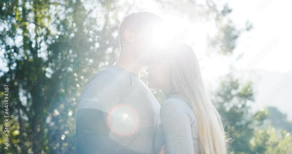 Fitness, kiss and couple in forest with love, romance and relax after hiking, running or workout in nature. Exercise, break and man with woman in park kissing, bond or relax in nature after training Fitness, kiss and couple in forest with love, romance and relax after hiking, running or workout in nature. Exercise, break and man with woman in park kissing, bond or relax in nature after training