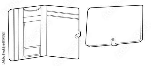 Writing case Wallet close and open view options pouch. Fashion accessory technical illustration. Organizer for Men, women, unisex silhouette style, flat handbag CAD sketch outline isolated