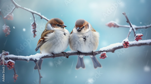 Two house sparrows sitting on a branch in the winter. It's cold, snowing and freezing. photo
