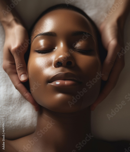 Beautiful black woman receiving facial treatment.