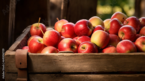 Red apples in a wooden box on a background of a wooden fence