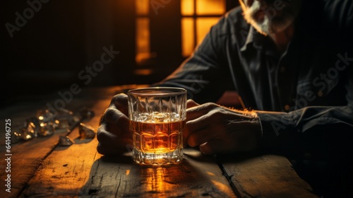 A man with a glass of whisky sitting on a table. Generative AI. 