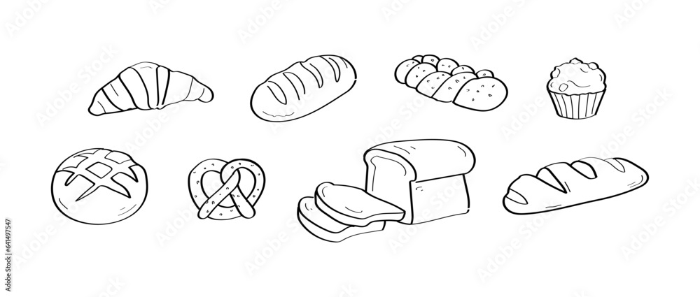 Hand-drawn bread, bun, muffin, pretzel, croissant illustrations for bakery, cafe decoration.