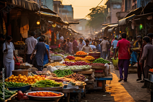 A vibrant and colorful street market scene, bustling with activity and filled with a variety of fresh produce, handmade crafts, and local delicacies. © Saran