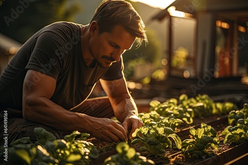 A male millennial farmer, harvests spinach from his field during the end of the summer.