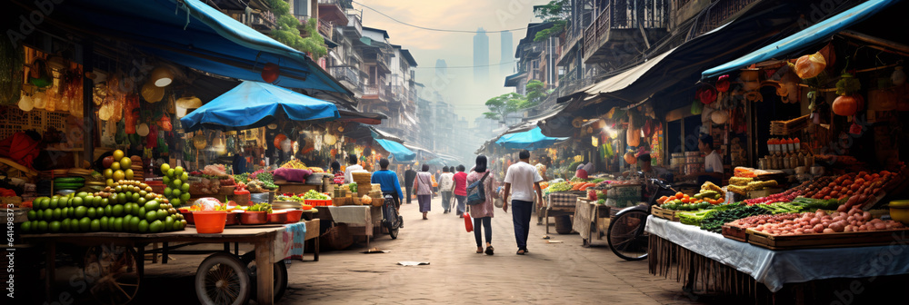 A vibrant and colorful street market scene, bustling with activity and filled with a variety of fresh produce, handmade crafts, and local delicacies.