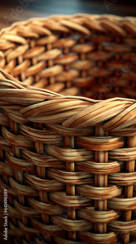 Macro view of a large wicker basket in intricate detail in perspective of a craft world. Complexity and beauty in the details of a long framed basket.